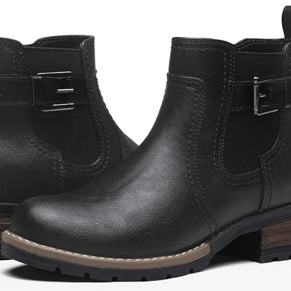 Black Ankle Boots 8.5 - 9 Booties Shoes Moto Short Chelsea Low Heel Faux Leather - Picture 2 of 7